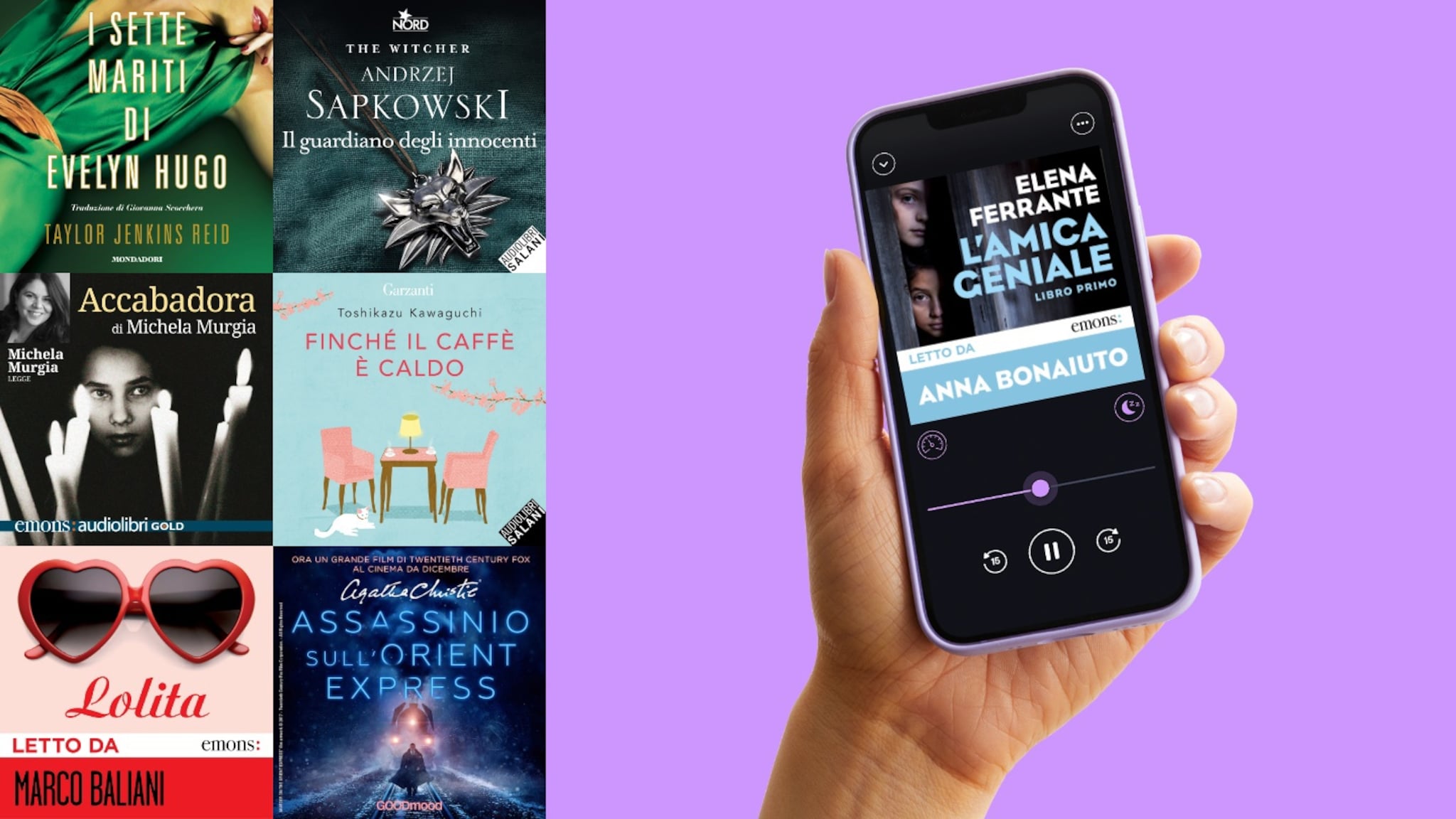 Hand with phone and book cover, purple background. Six extra book covers on the left side.